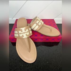 Tory Burch Designer Leigh 74443 Beige Slip-On Thong Sandals Size 10M